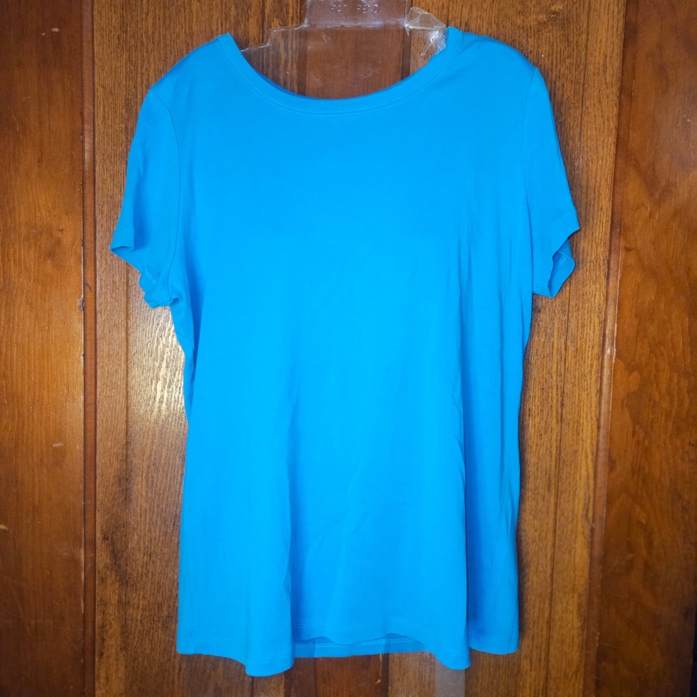 Lands End T-Shirt Womens L 14-16 Shaped Blue 100% Cotton Short Sleeve Scoop Neck